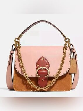 Coach Beat Colorblock Leather & Suede Chain Top-Handle Shoulder Bag with Rivets